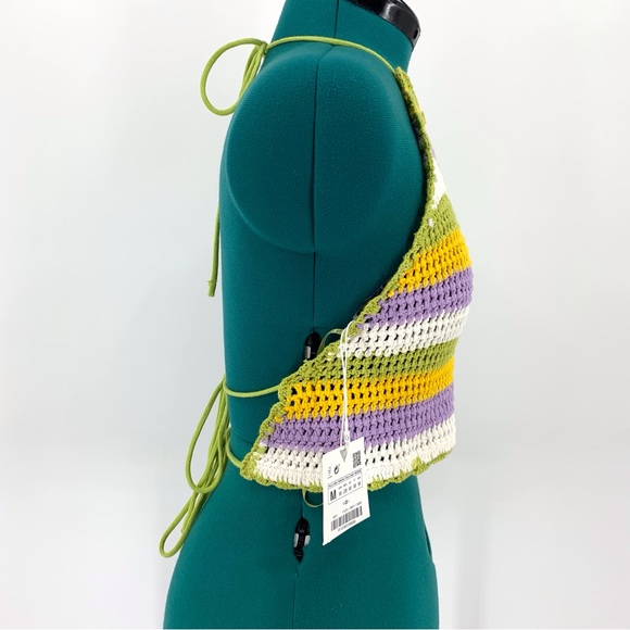 Zara NWT Striped Crochet Backless Halter Top with Ties, Medium - Picture 9 of 15